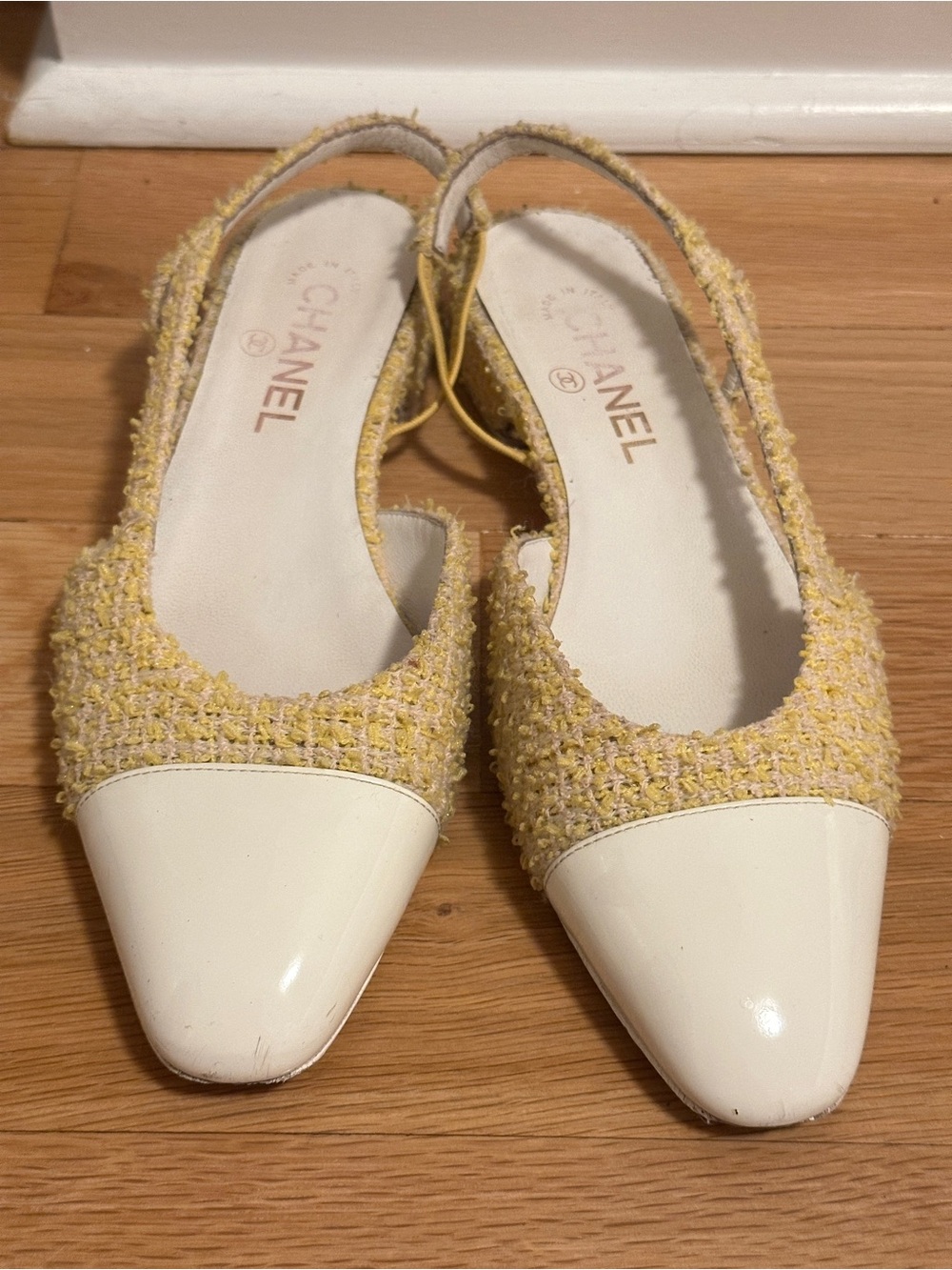 CHANEL Yellow Tweed and White Cap-Toe Slingback Mules